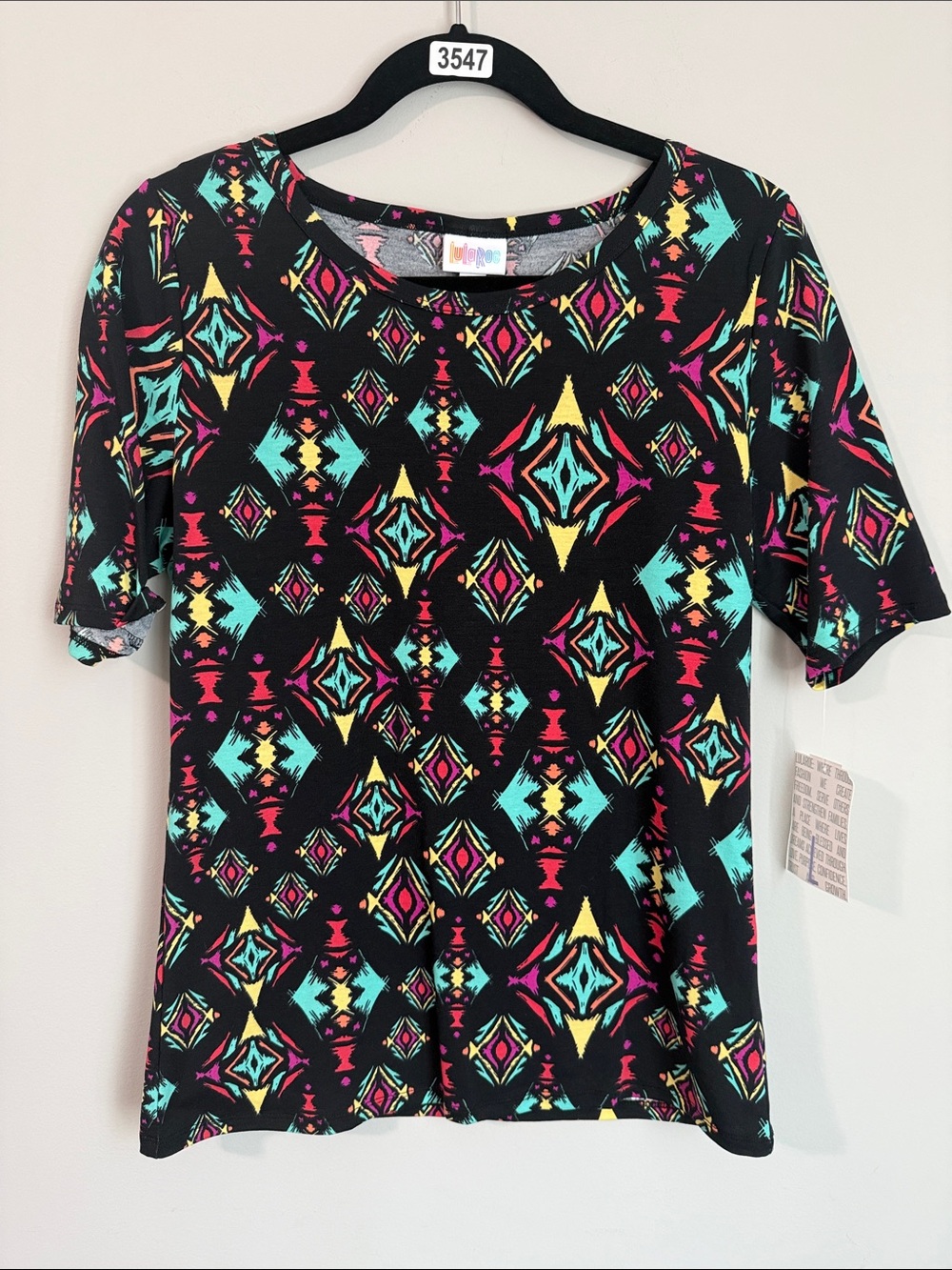LuLaRoe Short Sleeve Tee in Black with Turquoise, Pink & Yellow